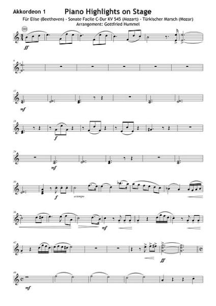 Piano Highlights on Stage, Ludwig van Beethoven, Wolfgang Amadeus Mozart, Gottfried Hummel, Medley für Klavier Solo und Akkordeon-Orchester, Solostimme, mittelschwer, Akkordeon Noten, Blick in die Noten