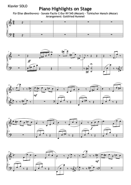 Piano Highlights on Stage, Ludwig van Beethoven, Wolfgang Amadeus Mozart, Gottfried Hummel, Medley für Klavier Solo und Akkordeon-Orchester, Solostimme, mittelschwer, Akkordeon Noten, Beispielseite