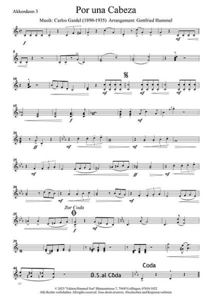 Por una Cabeza (Tango), Carlos Gardel, Gottfried Hummel, , Akkordeonorchester, Filmmusik, Easy-Stimme, Kiddy-Stimme, leicht-mittelschwer, Akkordeon Noten, Notenbeispiel