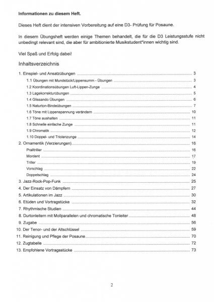 Übungsheft D3 für Posaune, Bernd Nawrat, Blechblasinstrumente, Prüfungsvorbereitung, D-Lehrgang, Ornamentik, Spielstücke, Vortragsstücke, mittelschwer, Musiktheorie, praxisorientiert, Posaunen Noten, Inhaltsverzeichnis