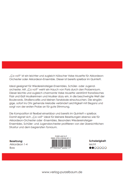 Ça va?, Alexander Jekic, Akkordeon-Orchester, Akkordeon-Schülerorchester, Akkordeon-Kinderorchester, Valse Musette, Musettewalzer, sehr leicht-leicht, Originalkomposition, Originalmusik, Akkordeon Noten, Klappentext