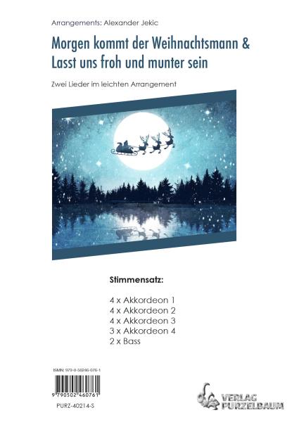 Morgen kommt der Weihnachtsmann/Lasst uns froh und munter sein, Alexander Jekic, Akkordeon-Orchester, Akkordeon-Ensemble, Jugend-Orchester, 2 Weihnachtslieder, sehr leicht-leicht, Akkordeon Noten, Stimmensatzdeckblatt