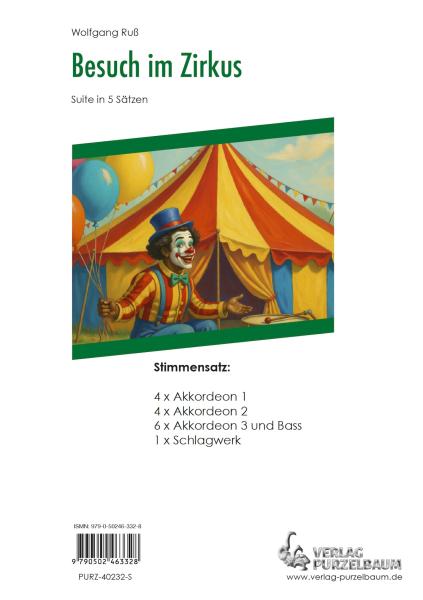 Besuch im Zirkus, Wolfgang Ruß, Akkordeon-Orchester, Akkordeon-Ensemble, Jugend-Orchester, Kinder-Orchester, Spielgruppe, Suite in 5 Sätzen, sehr leicht-leicht, Elementarstufe, Originalkomposition, Originalmusik, Akkordeon Noten, Stimmensatzdeckblatt