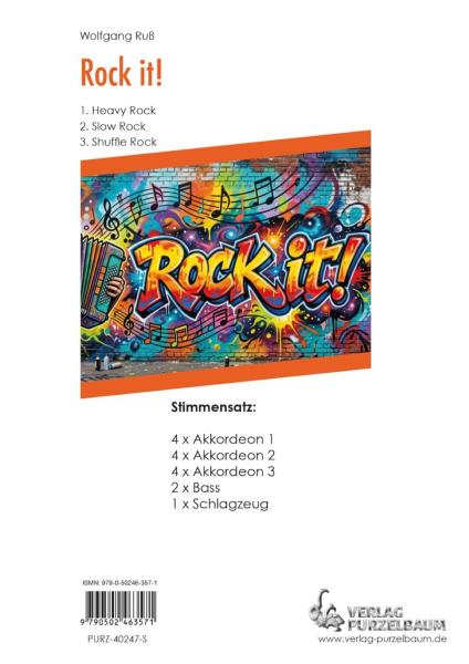 Rock It!, Wolfgang Ruß, Akkordeon-Orchester, Akkordeon-Ensemble, kleine Besetzung, Spielgruppe, Heavy-Rock, Slow-Rock, Shuffle-Rock, leicht-mittelschwer, Akkordeon Noten, Stimmensatzdeckblatt