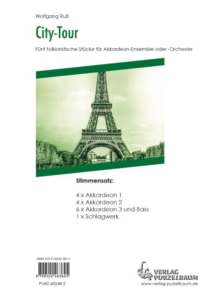 City-Tour Wolfgang Ruß, Akkordeon-Orchester, Akkordeon-Ensemble, kleine Besetzung, Spielgruppe, Suite in 5 Sätzen, mittelschwer, Originalkomposition, Originalmusik, Akkordeon Noten, Stimmensatzdeckblatt