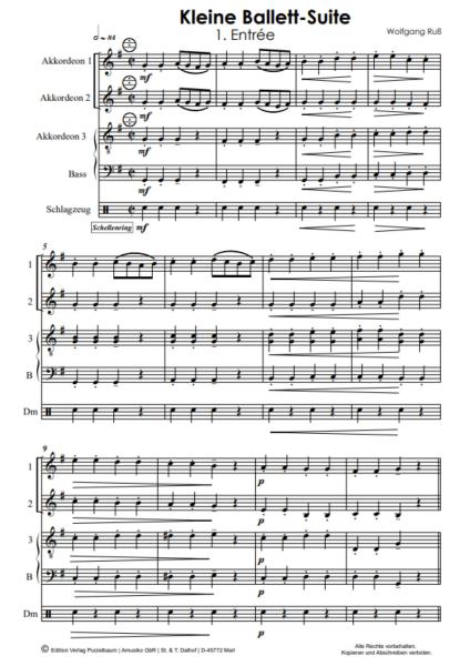 Kleine Ballett-Suite, Wolfgang Ruß, Akkordeon-Orchester, Akkordeon-Ensemble, kleine Besetzung, Quartett, Spielgruppe, Suite in 4 Sätzen, leicht, ideal für den Unterricht, Originalkomposition, Originalmusik, Akkordeon Noten, Notenbeispiel