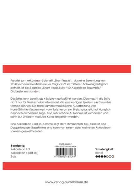 Short Tracks Suite, Hans-Günther Kölz, Akkordeon-Orchester, Akkordeon-Ensemble, kleine Besetzung, Spielgruppe, Suite in 5 Sätzen, mittelschwer, Originalkomposition, Originalmusik, Akkordeon Noten, Klappentext