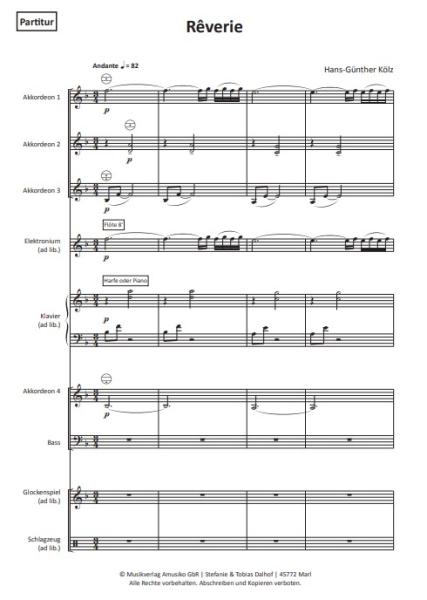 Rêverie, Träumerei, Hans-Günther Kölz, Akkordeon-Orchester, Akkordeon-Ensemble, mittelschwer, Originalkomposition, Originalmusik, Akkordeon Noten, Beispielseite