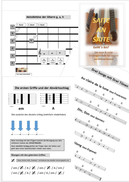 Saite an Saite, Gottfried Hummel, Lehrwerk, Schulwerk, Gitarre, Gitarrenschule, sehr leicht, Gitarre spielen lernen, erster Gitarrenunterricht, Gitarren Noten, Einblick ins Heft