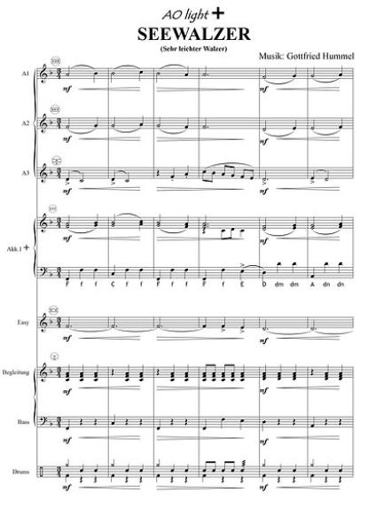 Seewalzer, Partitur, Probeseite, Gottfried Hummel, Akkordeonorchester, Kinderorchester, Schülerorchester, volkstümlicher Ton, Titisee, leicht, Easy-Stimme, Originalkomposition, Originalmusik, Akkordeon Noten, Anfänger, erste Orchesterstücke