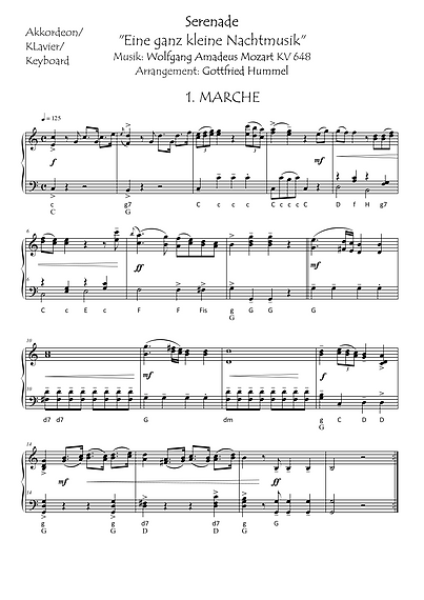 Serenade "Eine ganz kleine Nachtmusik", KV 648, Wolfgang Amadeus Mozart, Gottfried Hummel, Akkordeon-Solo, Standardbass MII, Klavier, Keyboard, Spielheft, Soloband, leicht-mittelschwer, Akkordeon Noten, Blick in die Noten