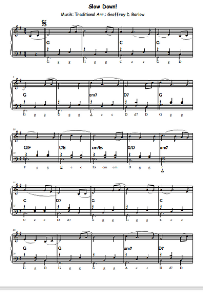 Slow Down, Geoffrey D. Barlow, Akkordeon-Solo, Standardbass MII, Klavier, Keyboard, Spielheft, Soloband langsamer Walzer, leicht-mittelschwer, Akkordeon Noten, Blick in die Noten