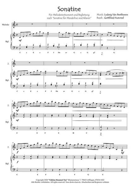 Sonatine C-Dur, Ludwig van Beethoven, Gottfried Hummel, Kammermusik-Spielheft, Melodieinstrument in C, Akkordeon, Violine, Gitarre, Begleitung, Klavier, Spielstück, leicht-mittelschwer, Kammermusik-Arrangement, Kammermusik Noten, Notenbeispiel