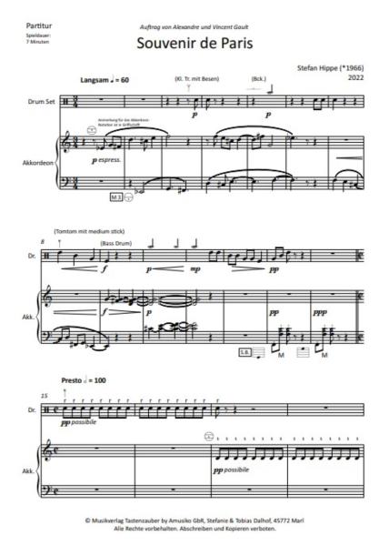 Souvenir de Paris, Stefan Hippe, Schlagzeug und Akkordeon, Melodiebass MIII, mittelschwer, Kammermusik-Komposition, Wertungsstück, Wettbewerb, Wettbewerbsliteratur, Duo, Duett, Kammermusiknoten, Akkordeon Noten, Originalmusik, Probeseite