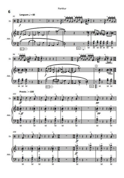 Souvenir de Paris, Stefan Hippe, Schlagzeug und Akkordeon, Melodiebass MIII, mittelschwer, Kammermusik-Komposition, Wertungsstück, Wettbewerb, Wettbewerbsliteratur, Duo, Duett, Kammermusiknoten, Akkordeon Noten, Originalmusik, Notenbeispiel