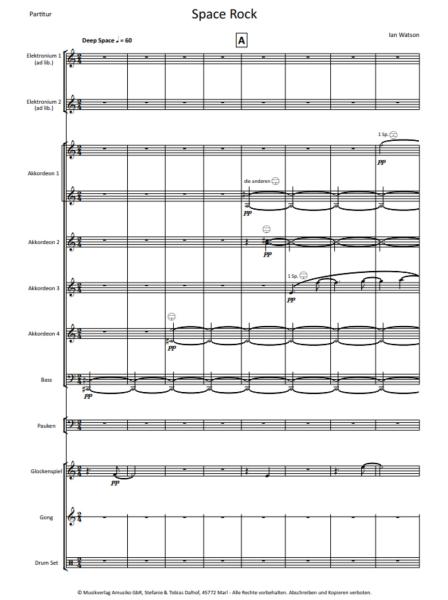 Space Rock, Ian Watson, Akkordeon-Orchester, London Accordion Orchestra, Oberstufe, schwer, Wertungsstück, Wettbewerbsliteratur, Rockmusikelemente, Originalmusik, Originalkomposition, Orchesternoten, Musiknoten, Akkordeon Noten, Probeseite