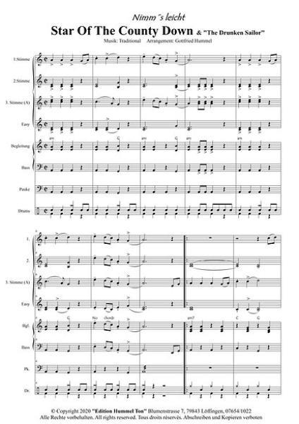 Star Of The County Down, The Drunken Sailor, Gottfried Hummel, Akkordeonorchester, Folk Song aus Irland, leicht-mittelschwer, Easy-Stimme, grüne Insel, Akkordeon Noten