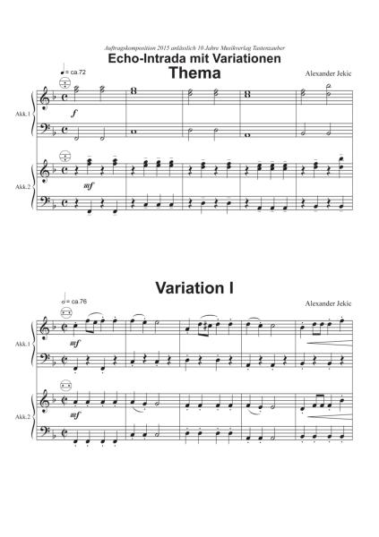 Echo-Intrada mit Variationen, Alexander Jekic, Thema mit 5 Variationen, Akkordeon Duo, Standardbass MII, leicht, Elementarstufe, Auftragskomposition, Originalkomposition, Wettbewerbsliteratur, Wettbewerb, Wertungsstück, Akkordeon Noten