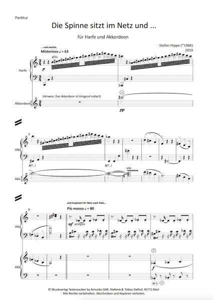 Die Spinne sitzt im Netz und ..., Stefan Hippe, Harfe und Akkordeon, Melodiebass MIII, schwer, Wertungsstück, Wettbewerb, Wettbewerbsliteratur, Duo, Duett, Kammermusik, Akkordeon Noten
