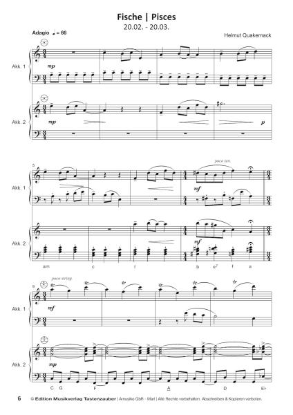 Horoskope, Helmut Quakernack, Spielheft für Akkordeon-Duo, Melodiebass MIII, Standardbass MII, Spielheft, Duoband, 12 musikalische Miniaturen, Sternzeichen, mittelschwer, Originalkompositionen, Originalmusik, Akkordeon Noten, Probeseite