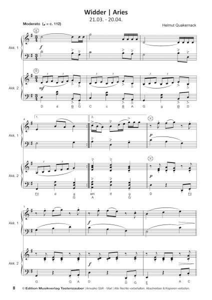 Horoskope, Helmut Quakernack, Spielheft für Akkordeon-Duo, Melodiebass MIII, Standardbass MII, Spielheft, Duoband, 12 musikalische Miniaturen, Sternzeichen, mittelschwer, Originalkompositionen, Originalmusik, Akkordeon Noten, Blick in die Noten