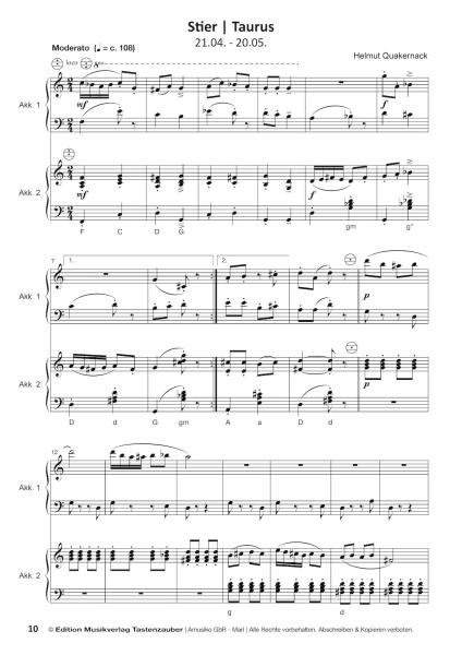 Horoskope, Helmut Quakernack, Spielheft für Akkordeon-Duo, Melodiebass MIII, Standardbass MII, Spielheft, Duoband, 12 musikalische Miniaturen, Sternzeichen, mittelschwer, Originalkompositionen, Originalmusik, Akkordeon Noten, Beispielseite