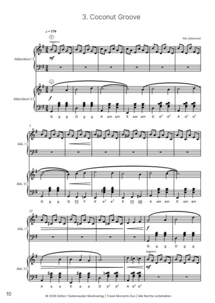 Travel Moments, Nils Aebersold, Akkordeon-Duo, Duett, Suite in 4 Sätzen, mittelschwer, gemeinsam musizieren, Akkordeon Noten, Blick in die Noten