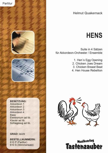 Hens, Helmut Quakernack, Akkordeon-Jugendorchester, Akkordeon-Orchester, Akkordeon-Ensemble, viersätzige Suite, leicht, mit 6 Schütteleiern im Stimmensatz, Die Hühner sind los, Akkordeon Noten, Hennen, Hühnerstall