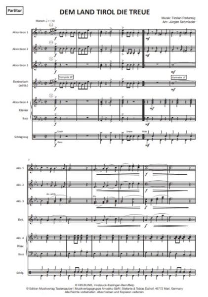 Dem Land Tirol die Treue, Jürgen Schmieder, Florian Pedarnig, Josef Pedarnig, Akkordeon-Orchester, Marsch, mittelschwer, heimliche Tiroler Landeshymne, Akkordeon Noten