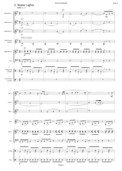 Travel Moments, Nils Aebersold, Akkordeon-Orchester, Akkordeon-Ensemble, Suite in 4 Sätzen, leicht-mittelschwer, Mittelstufe, Wettbewerbsliteratur, Wettbewerbsnoten, Wertungsstück, Originalkomposition, Originalmusik, Akkordeon Noten, Blick in die Partitur