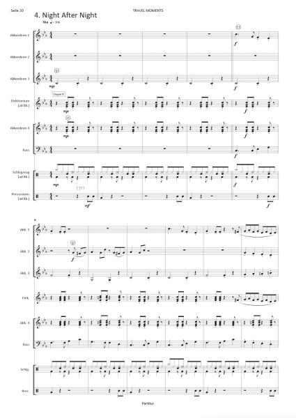 Travel Moments, Nils Aebersold, Akkordeon-Orchester, Akkordeon-Ensemble, Suite in 4 Sätzen, leicht-mittelschwer, Mittelstufe, Wettbewerbsliteratur, Wettbewerbsnoten, Wertungsstück, Originalkomposition, Originalmusik, Akkordeon Noten, Beispielseite