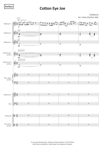 Cotton Eye Joe, Rednex, Hans-Günther Kölz, Akkordeonorchester, mittelschwer, Megahit, Folk Music, Folksong, Country-Musik, Eurodance, Akkordeon Noten, Beispielseite