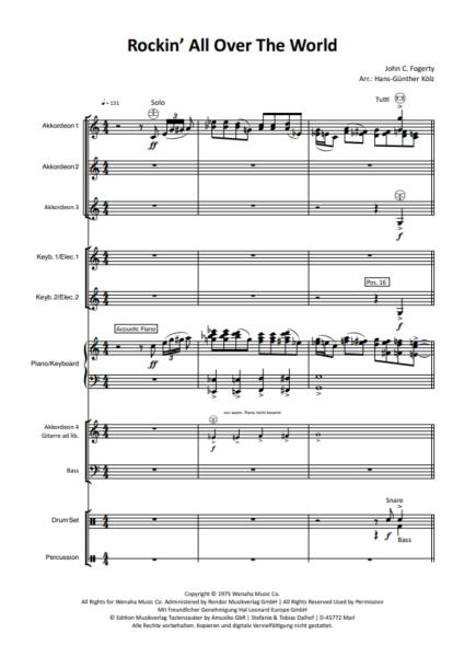 Rockin' All over the World, Status Quo, John C. Fogerty, Hans-Günther Kölz, Akkordeonorchester, Rock-Hymne, mittelschwer, Unterhaltungsmusik, Akkordeon Noten, Notenbeispiel