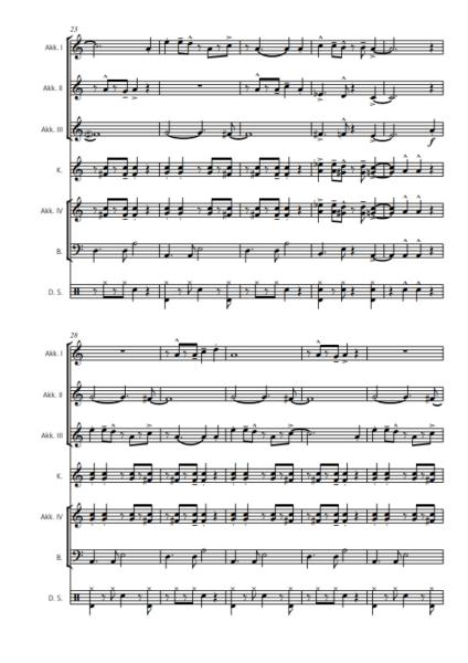 Latin-Connection, Thomas Ott, Akkordeon-Orchester, schwungvolle Samba, mittelschwer, Originalkomposition, Originalmusik, Akkordeon Noten, Blick in die Noten