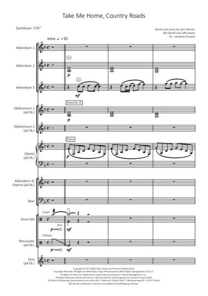Take Me Home, Country Roads, John Denver, Bill Danoff, Taffy Nivert, Jonathan Kruspel, , Akkordeon-Orchester, Tophit, Megahit, Countrysong, Partysong, leicht-mittelschwer, inkl. Easy-Stimme, Akkordeon Noten, Unterhaltungsmusik, Partymusik, Ansichtsseite