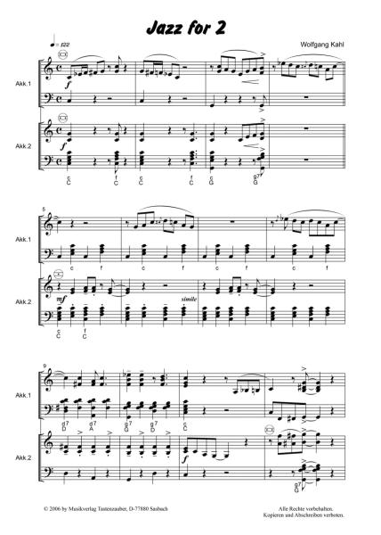 Jazz for 2, Wolfgang Kahl, Akkordeon Duo, Standardbass MII, Jazz, Jazzakkordeon, mittelschwer, Mittelstufe, Wertungsstück, Wettbewerb, Wettbewerbsstück, Akkordeon Noten