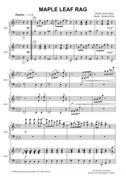 Maple Leaf Rag, Akkordeon Duo, Scott Joplin, Sandra Keller, Melodiebass MIII, schwer, Oberstufen, Ragtime, Wertungsstück, Wettbewerb, Wettbewerbsliteratur, Akkordeon Noten