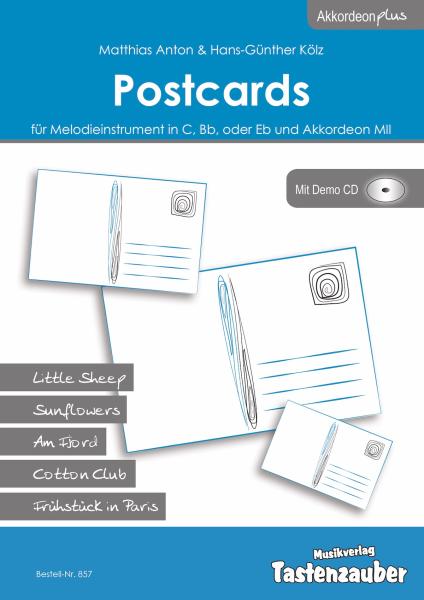 Postcards, Hans-Günther Kölz, Matthias Anton, Akkordeon und Melodieinstrument, mittelschwer, Akkordeon plus, Kammermusik, Duo, Duett, Akkordeon Noten