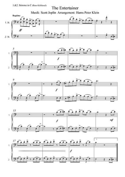 The Entertainer, Scott Joplin, Gottfried Hummel, Kammermusik, 2 Melodieinstrumente (in C hoch & tief, Bb, Es, C (Bass-Schlüssel)), Begleitstimme (Akkordeon oder Klavier), Bass, Ragtime-Klassiker, Filmmusik, Soundtrack, Straßenmusik, Konzertsaal, leicht-mi