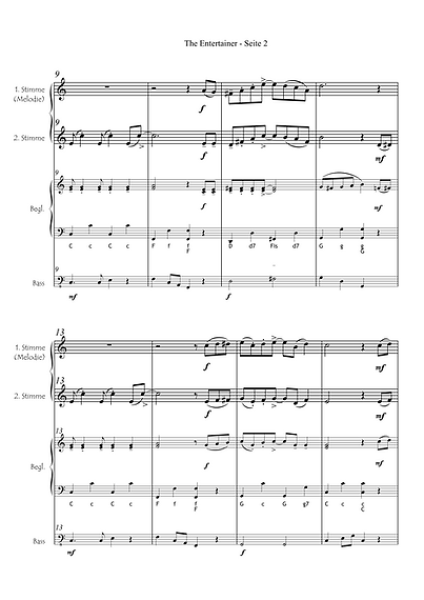 The Entertainer, Scott Joplin, Gottfried Hummel, Kammermusik, 2 Melodieinstrumente (in C hoch & tief, Bb, Es, C (Bass-Schlüssel)), Begleitstimme (Akkordeon oder Klavier), Bass, Ragtime-Klassiker, Filmmusik, Soundtrack, Straßenmusik, Konzertsaal, leicht-mi