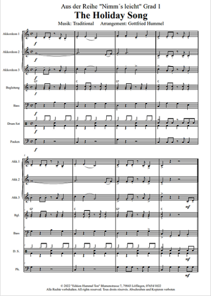 The Holiday Song, Gottfried Hummel, Akkordeonorchester, Schülerorchester, Jugendorchester, Urlaubsfeeling, sehr leicht, erste Orchesterstücke, Anfänger, Akkordeon Noten, Einblick in die Noten