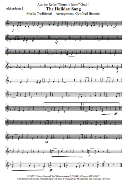 The Holiday Song, Gottfried Hummel, Akkordeonorchester, Schülerorchester, Jugendorchester, Urlaubsfeeling, sehr leicht, erste Orchesterstücke, Anfänger, Akkordeon Noten, Notenbeispiel