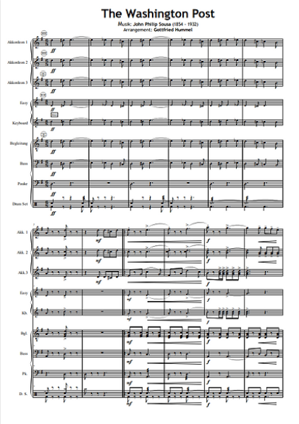 The Washington Post, John Philip Sousa, Gottfried Hummel, Akkordeonorchester, Marsch, leicht-mittelschwer, ​mit Easy-Stimme, Akkordeon Noten, The Washington Post March