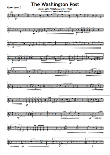 The Washington Post, John Philip Sousa, Gottfried Hummel, Akkordeonorchester, Marsch, leicht-mittelschwer, ​mit Easy-Stimme, Akkordeon Noten, The Washington Post March