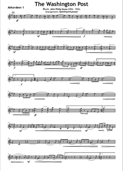 The Washington Post, John Philip Sousa, Gottfried Hummel, Akkordeonorchester, Marsch, leicht-mittelschwer, ​mit Easy-Stimme, Akkordeon Noten, The Washington Post March