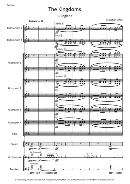 The Kingdoms, Ian Watson, Akkordeon-Orchester, Suite in 4 Sätzen, Wettbewerbsstück, Wertungsspiel, Wettbewerbsliteratur, Höchststufe, sehr schwer, Auftragskomposition, Originalkomposition, Originalmusik, Orchesternoten, Musiknoten, Akkordeon Noten, Probes