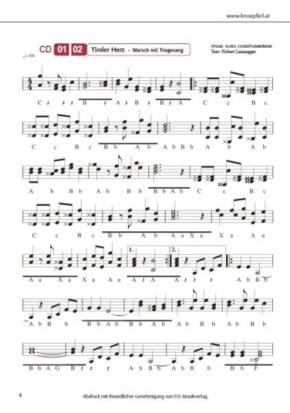 Tiroler Herz Marsch, Klaus Tschurtschenthaler, Hubert Leimegger, Peter Thurner, Josef Rupprechter, Steirische Harmonika, Griffschrift, Einzelausgabe, bekannter Südtiroler Marsch, mittelschwer, ​inkl. Audio-CD, Harmonika Noten, Beispielseite