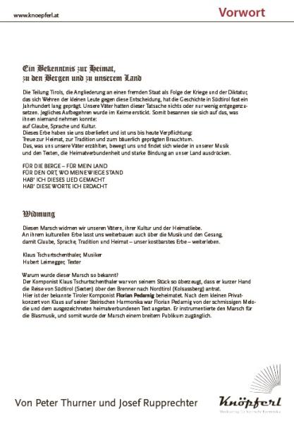 Tiroler Herz Marsch, Klaus Tschurtschenthaler, Hubert Leimegger, Peter Thurner, Josef Rupprechter, Steirische Harmonika, Griffschrift, Einzelausgabe, bekannter Südtiroler Marsch, mittelschwer, ​inkl. Audio-CD, Harmonika Noten, Vorwort