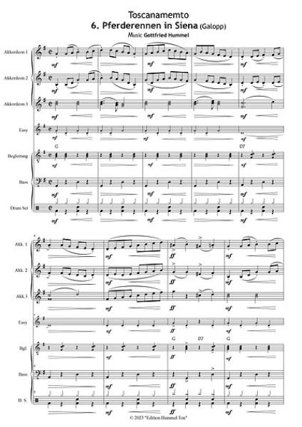 Toscanamento - Reisebilder einer Traumregion, Gottfried Hummel, Akkordeon-Orchester, Urlaubsimpressionen, Easystimme, Kiddystimme, mittelschwer, Akkordeon Noten, Originalkomposition, Originalmusik, Blick in die Partitur