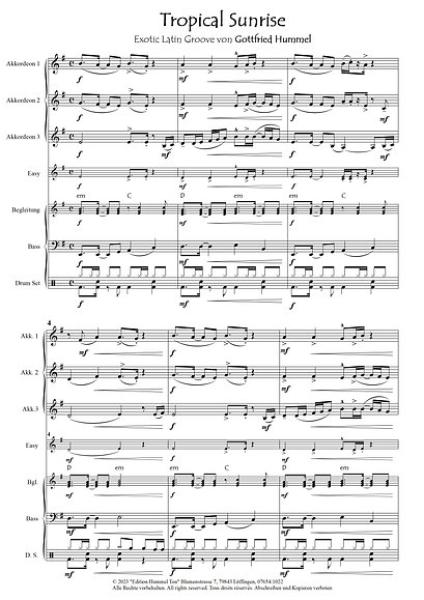 Tropical Sunrise, Gottfried Hummel, Akkordeonorchester, Exotic Latin Groove, Sommer, Sonne, Strand, Easy-Stimme, Kiddy-Stimme, leicht-mittelschwer, Originalkomposition, Originalmusik, Akkordeon Noten, Notenbeispiel